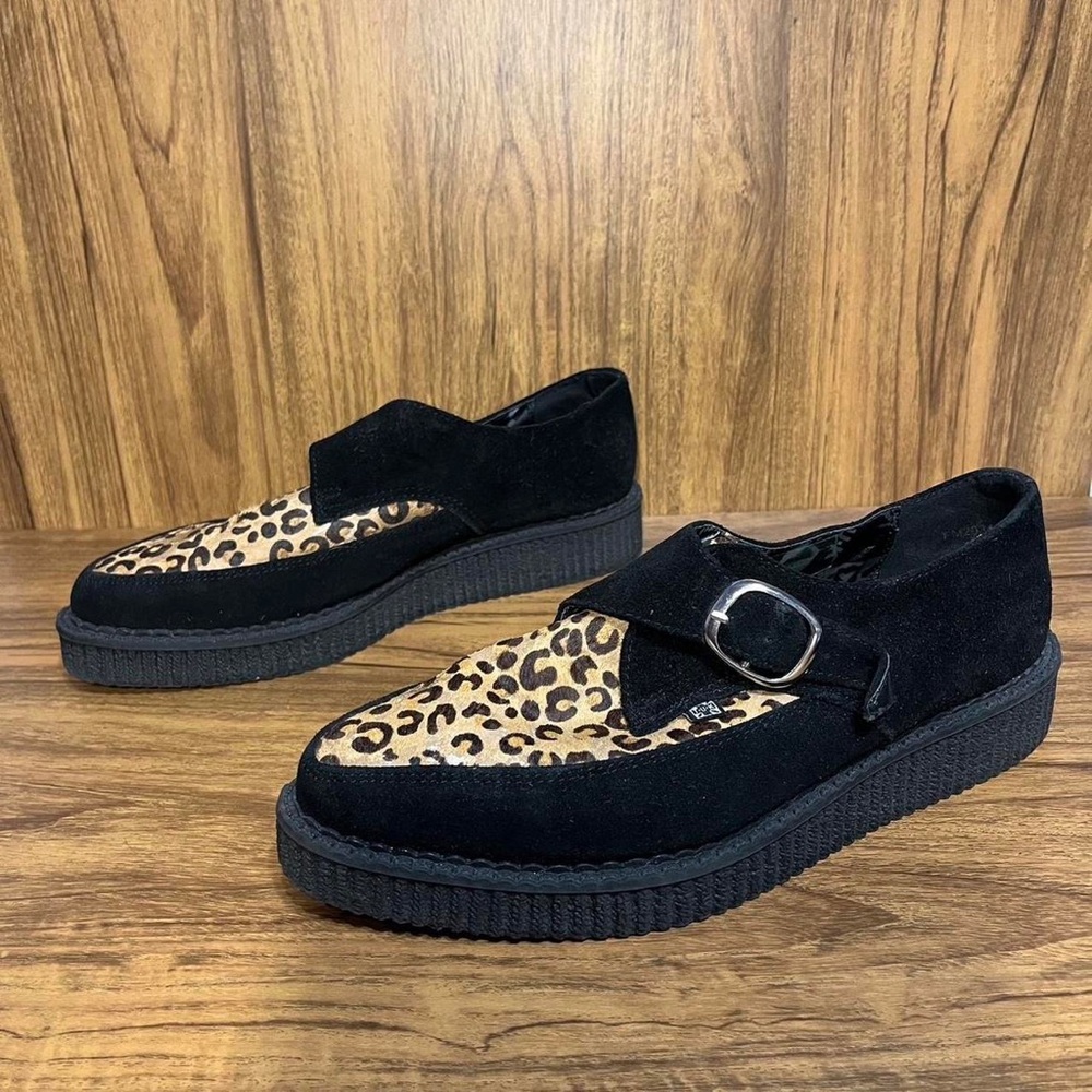 T.U.K. Black Suede & Leopard Monk Buckle Pointed Creepers Mens US 7